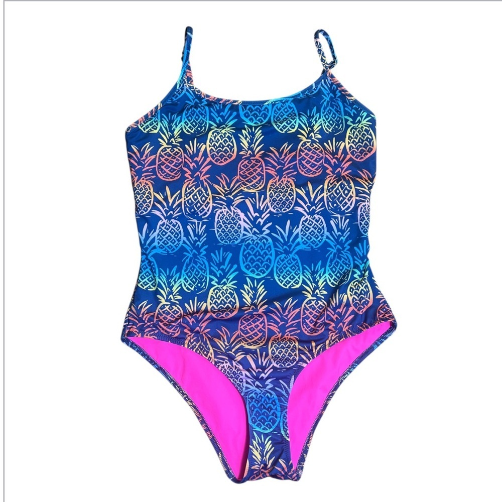 Chubbies ROYGBIV One Piece Swimsuit Pineapples Purple Adjustable Straps Colorful
